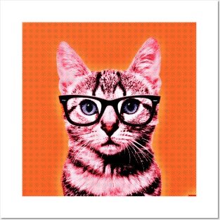 Pop Art Geek Cat in Orange Background - Print / Home Decor / Wall Art / Poster / Gift / Birthday / Cat Lover Gift / Animal print Canvas Print Posters and Art